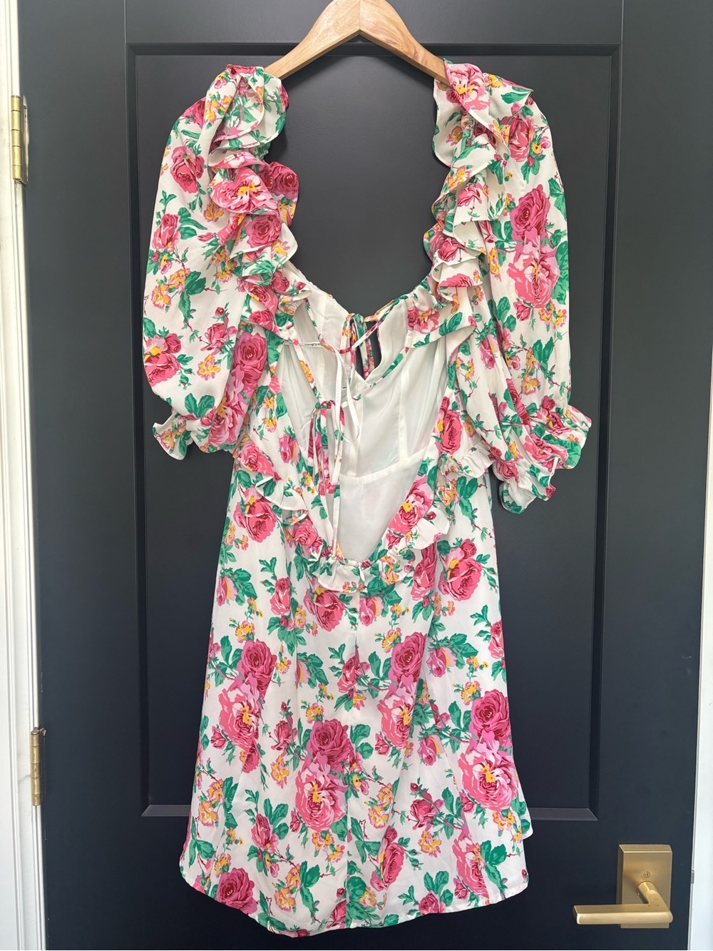 For Love & Lemons Imogen Mini Dress XL Floral Ruffle Corset Tie Back Cottagecore - Picture 7 of 10